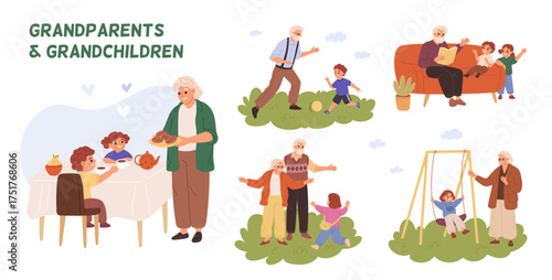 Grandparents grandsons. Happy grandfather and grandmother have grandchildren, funny kids visiting old people, fun time, walking and cooking cartoon flat style isolated garish vector set