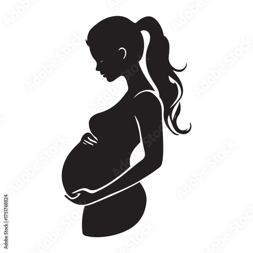 Black silhouette of pregnant woman with straight hair. Vector illustration 