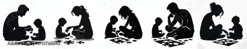 vector silhouette of a parent playing puzzle with baby