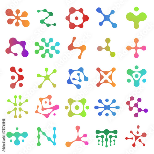 Color metaball shapes. Gradient flowing circles, organic blobs, structures, connected molecules, linked fluid particles, business logo or emblem isolated graphic elements nowaday vector set