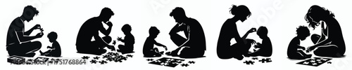 vector silhouette of a parent playing puzzle with baby