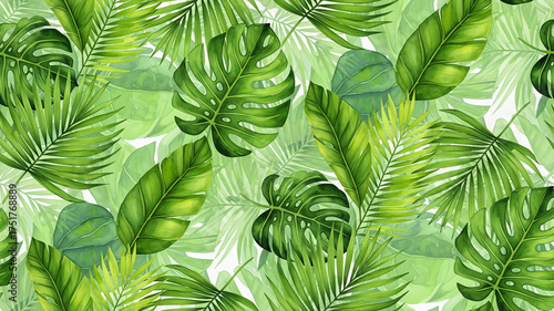 Seamless Watercolor Tropical Jungle Leaf Pattern Background
