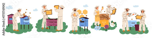 Cartoon beekeepers. Equipped farm workers in protective clothing, apiarists collect honey and take care of bees and hives, organic honeycombs background garish vector isolated bio food set