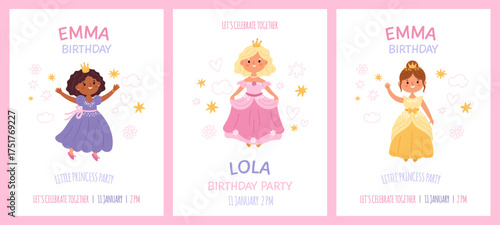 Birthday cartoon princess cards. Girly funny invitations greeting design, beautiful royal characters with magnificent dresses and crowns, fairy tale fantasy children posters garish vector set