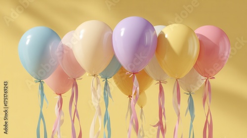 Light pastel balloons and ribbons floating on soft background