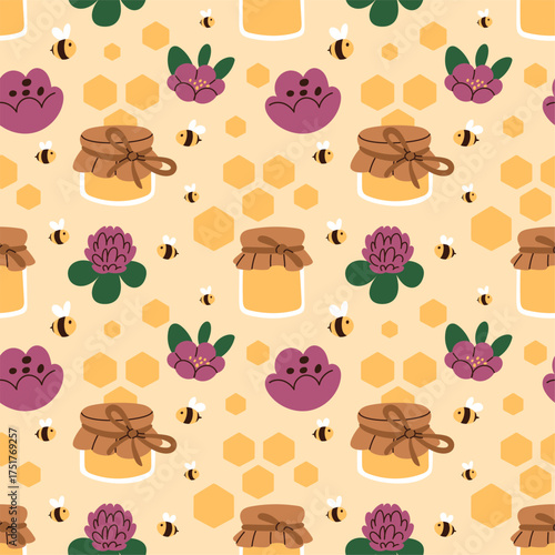 Apiary seamless pattern. Repeated honey farm element, organic sweet product, flying bees, combs and flowers. Kitchen textile, wrapping paper, wallpaper. Print for fabric garish vector background