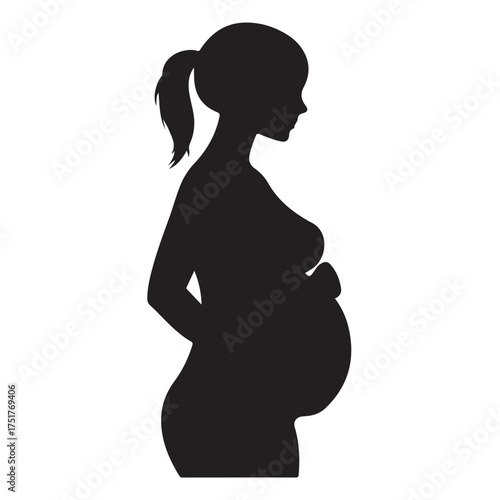 Black silhouette of pregnant woman with straight hair. Vector illustration 
