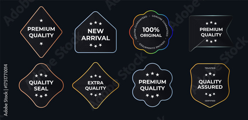 Premium Quality And Certified Labels Set With Neon Outlined Badges For New Arrival, Original, Limited Edition, Quality Assurance Products For Branding, Packaging, And Promotion. Vector Illustration