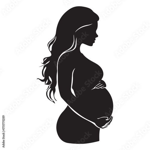 Black silhouette of pregnant woman with straight hair. Vector illustration 