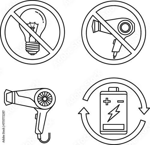 E-Waste Recycling and Disposal Line Icons, Prohibited Light Bulb and Hair Dryer Sign, Battery Reuse Vector Set.