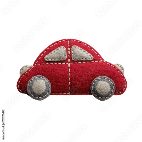 Handmade red felt car toy with grey wheels and windows, perfect for children themes