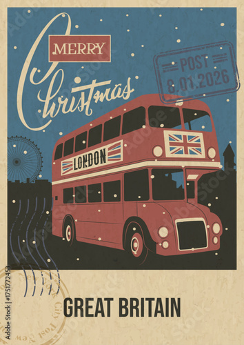 Merry Christmas Great Britain Attraction Greeting card. London Red Bus Illustration, Vector Template Retro Postcard Style. Postal Imprint, Aged Paper Texture, Snow