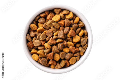 Top-down view of a small, white bowl filled with dry pet food.  The food is a mix of small, irregular-shaped pieces in various shades of brown and tan