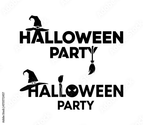 Halloween Party Logo Vector: Witch Hat, Broom, and Spooky Face Silhouette

Black and White Halloween Event Header: Minimalist Witch and Demon Icon

Spooky Typography Graphic: Halloween Party Title wit