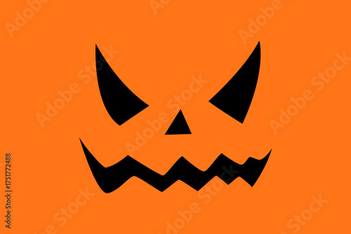 Cartoon illustration of a sinister black smile on an orange background from a Halloween Jack O'Lantern.