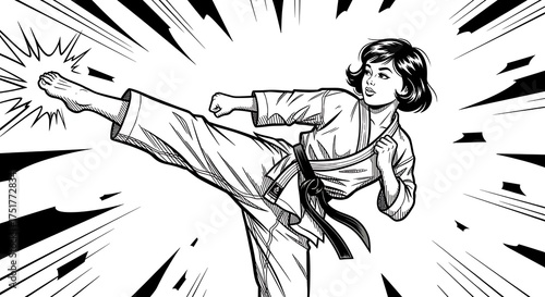 Focused Karate Girl in Action.