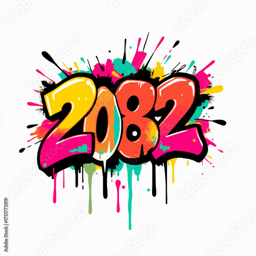 Graffiti numbers 2082 with orange and pink colors and chaotic paint drips and splatters year date