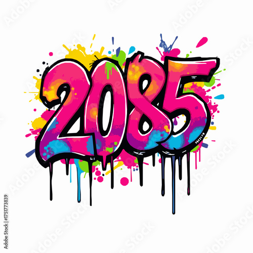 Graffiti art year 2085 with vibrant paint splatters and drips on white background number numeral