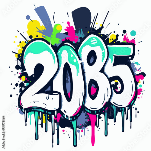 Graffiti art year 2085 with white numbers and colorful paint splatters and drips numeral