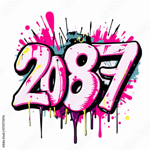 Graffiti art year 2087 with light pink numbers and colorful paint splatters and drips numeral