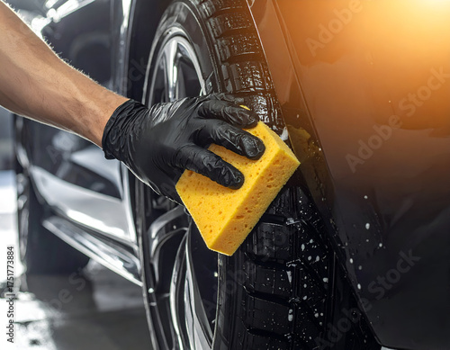 Close-up of gloved hand applying tire shine gel on black rubber tire sidewall 
