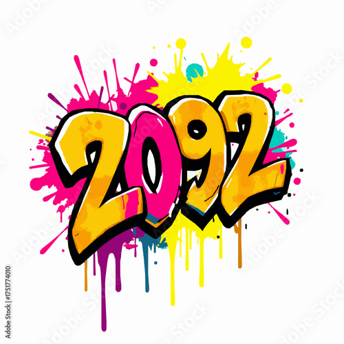 Bold Graffiti Number 2092 with Yellow and Pink Colors and Paint Splatters year urban