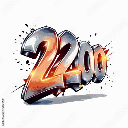 Graffiti style number 2200 with orange and yellow highlights and black splatters Keywords: 2200, graffiti, numbers, digits, numeral, year, date, count, quantity, celebration
