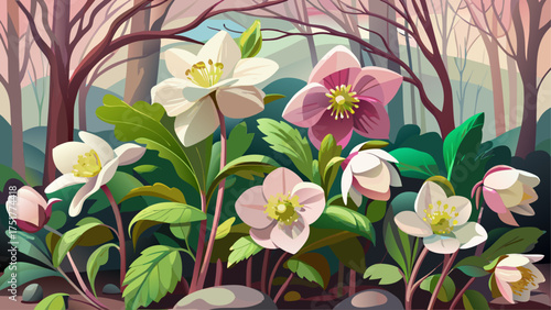 Very beautiful cluster of helleborus flowers in late winter Virginia garden, with soft pink petals and green leaves forming a natural woodland scene.
