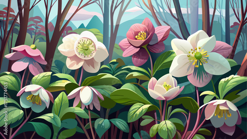 Very beautiful cluster of helleborus flowers in late winter Virginia garden, with soft pink petals and green leaves forming a natural woodland scene.
