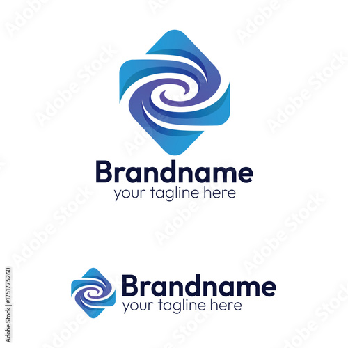Modern Abstract Swirl Tornado Logo Design with Dynamic Flowing Energy Waves inside a Blue Rhombus Shape for Tech Data Consulting Brands