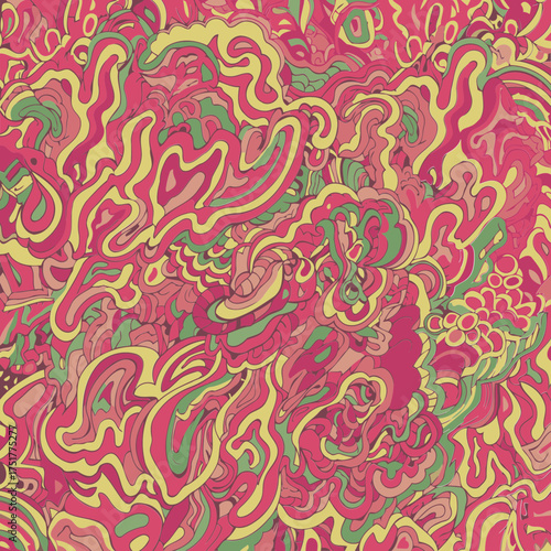 Abstract pattern with flowing lines and various colors in a repeating design. Colorful, dynamic artwork with no specific subject or pose.