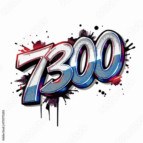 Graffiti style number 7300 with red blue and white splashes and drips numeral spray paint