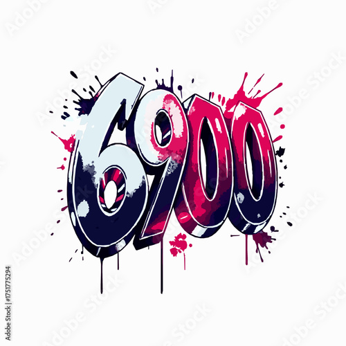 Graffiti number 6900 with red and blue paint splashes and drips numeral spray paint