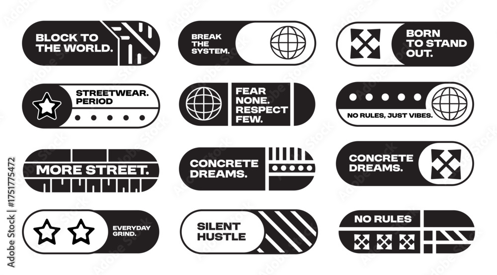 Obraz premium Urban Streetwear Typography Design Set – Modern typography stickers with slogans. Perfect for t-shirts, hoodies, or street fashion branding.