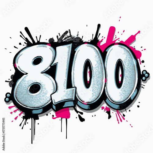Graffiti style number 8100 with pink and black paint splatters Keywords: 8100, number, graffiti, style, art, design, graphic, illustration, font, typography, numeral, digit