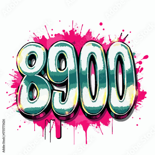 Graffiti number 8900 with teal and yellow accents and pink paint splashes on a white background spray paint