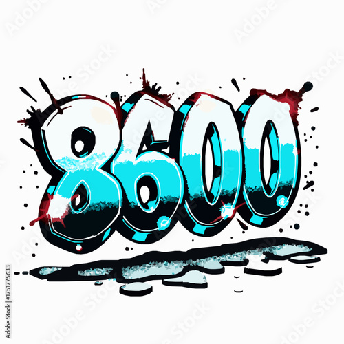 Graffiti style number 8600 with splashes of blue and red paint on a white background spray paint