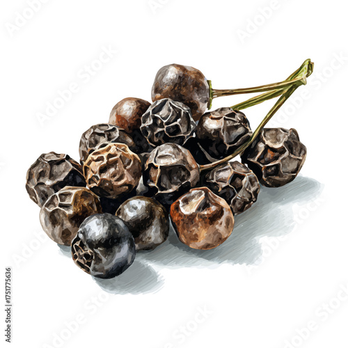 Watercolor Black Pepper vector, artistic painting style, high-resolution illustration on a pure white background.