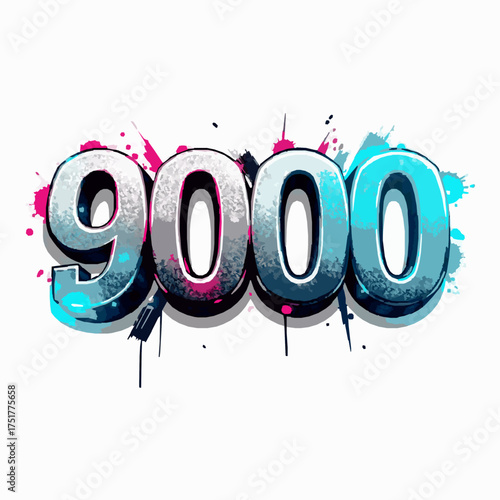 Graffiti style number 9000 with splashes of pink and blue paint on a white background spray paint