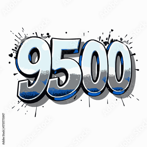 9500 graffiti number in blue and grey with black paint splatters and drips spray paint