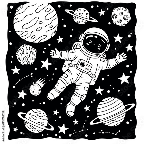 Astronaut floating in space surrounded by planets and stars.