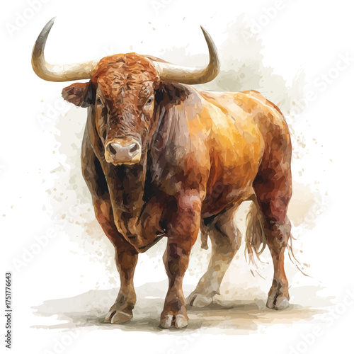 Stylized watercolor Bull vector, modern artistic illustration with high-quality details on a pure white background.