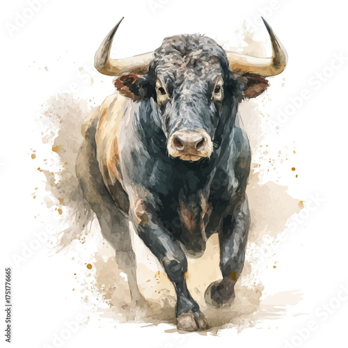 Stylized watercolor Bull vector, modern artistic illustration with high-quality details on a pure white background.