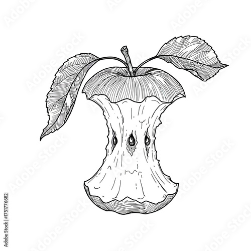 Hand-drawn sketch of a bitten apple core with leaves.