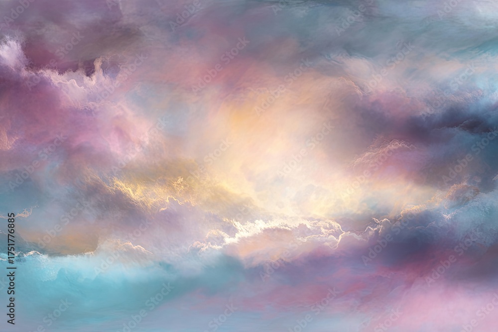 Obraz premium Soft, pastel-colored cloudscapes. A mix of pinks, purples, yellows, and blues. A diffused light source illuminates the clouds