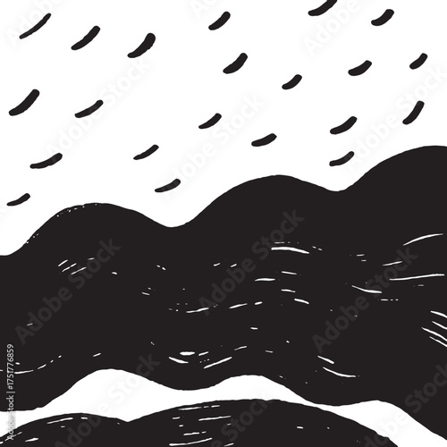 Abstract Black and White Landscape Art Minimalist Mountain and Wave Brush Design.
