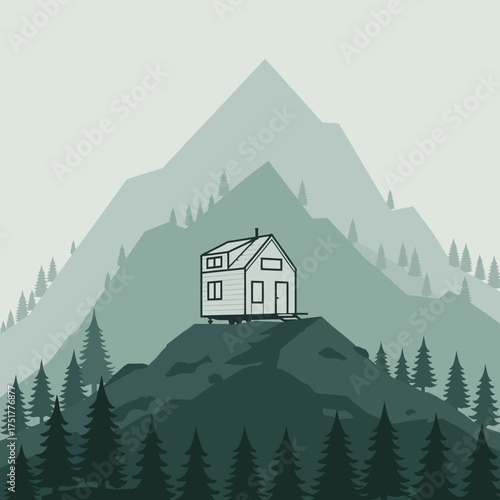 Minimalist cabin nestled on a mountain peak surrounded by pine trees and misty peaks.