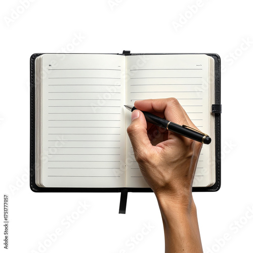 A persons hand holding a pen and writing in a notebook.