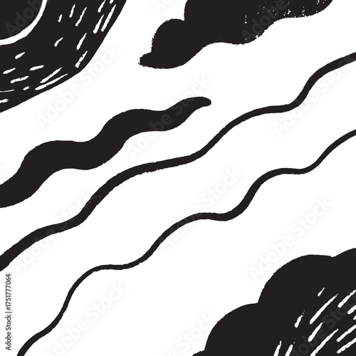 Abstract Black and White Wave Art Minimalist Flowing Line Brush Design.