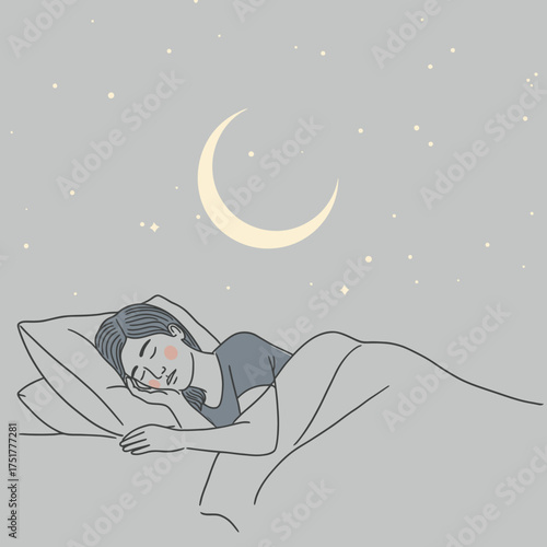 Woman sleeping peacefully under the night sky with a crescent moon and stars.